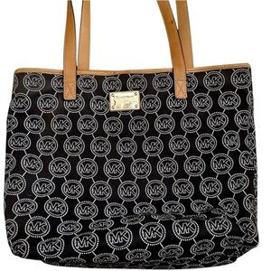 Michael Kors Navy and White Tote Bag 12”x16” Canvas and Leather Tan Straps